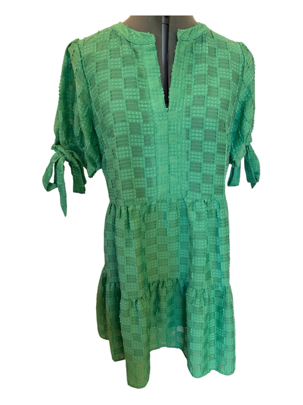 Voy Textured Green V-Neck Mini Dress with Tie Sleeves